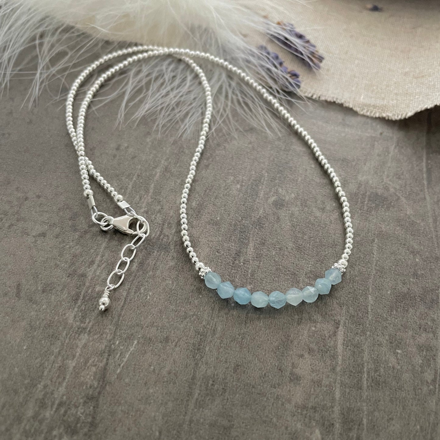 Thin Aquamarine and Sterling Silver Bead Necklace, March Birthstone