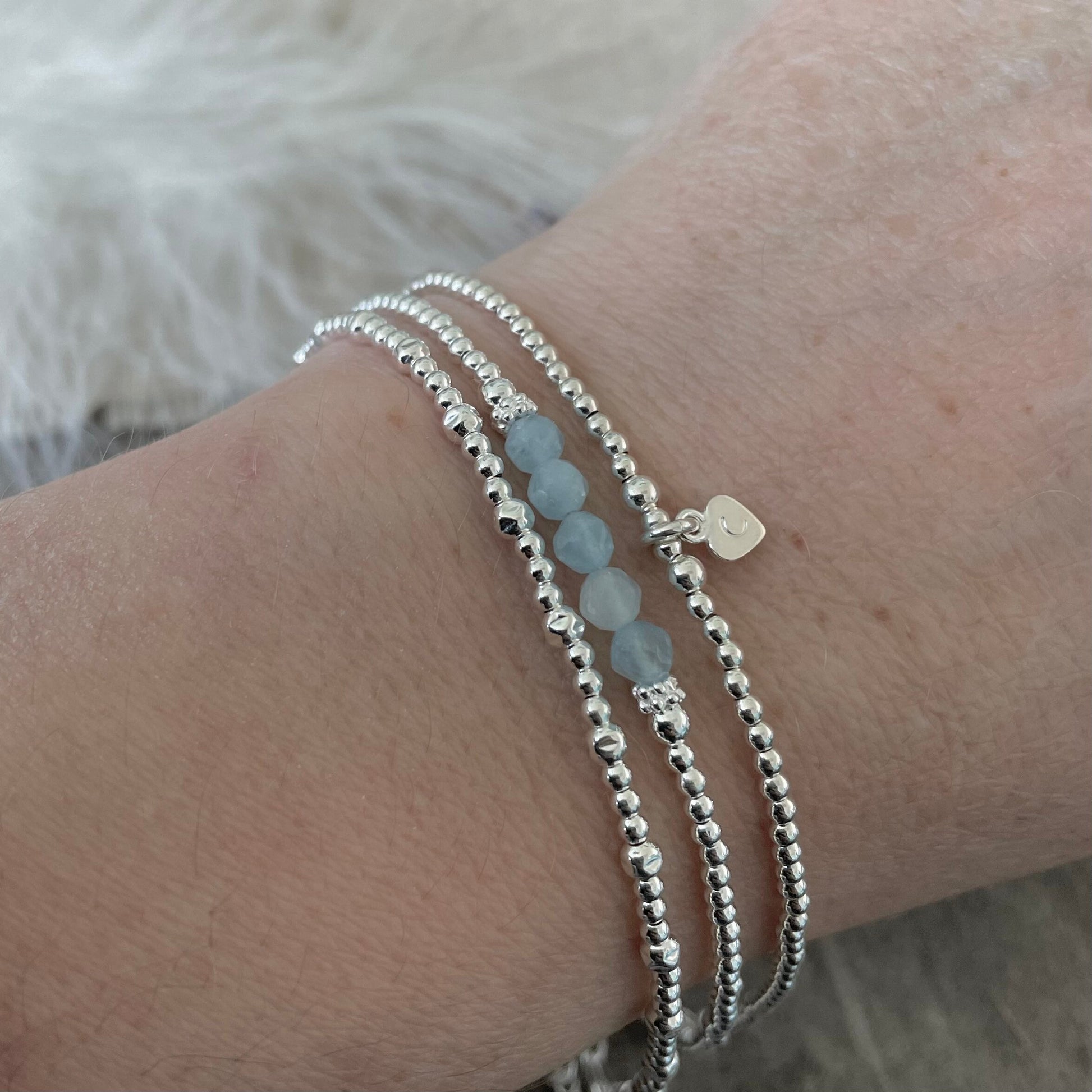 Personalised March Birthstone Aquamarine Bracelet Set, Dainty Sterling Silver Stacking Bracelets for Women