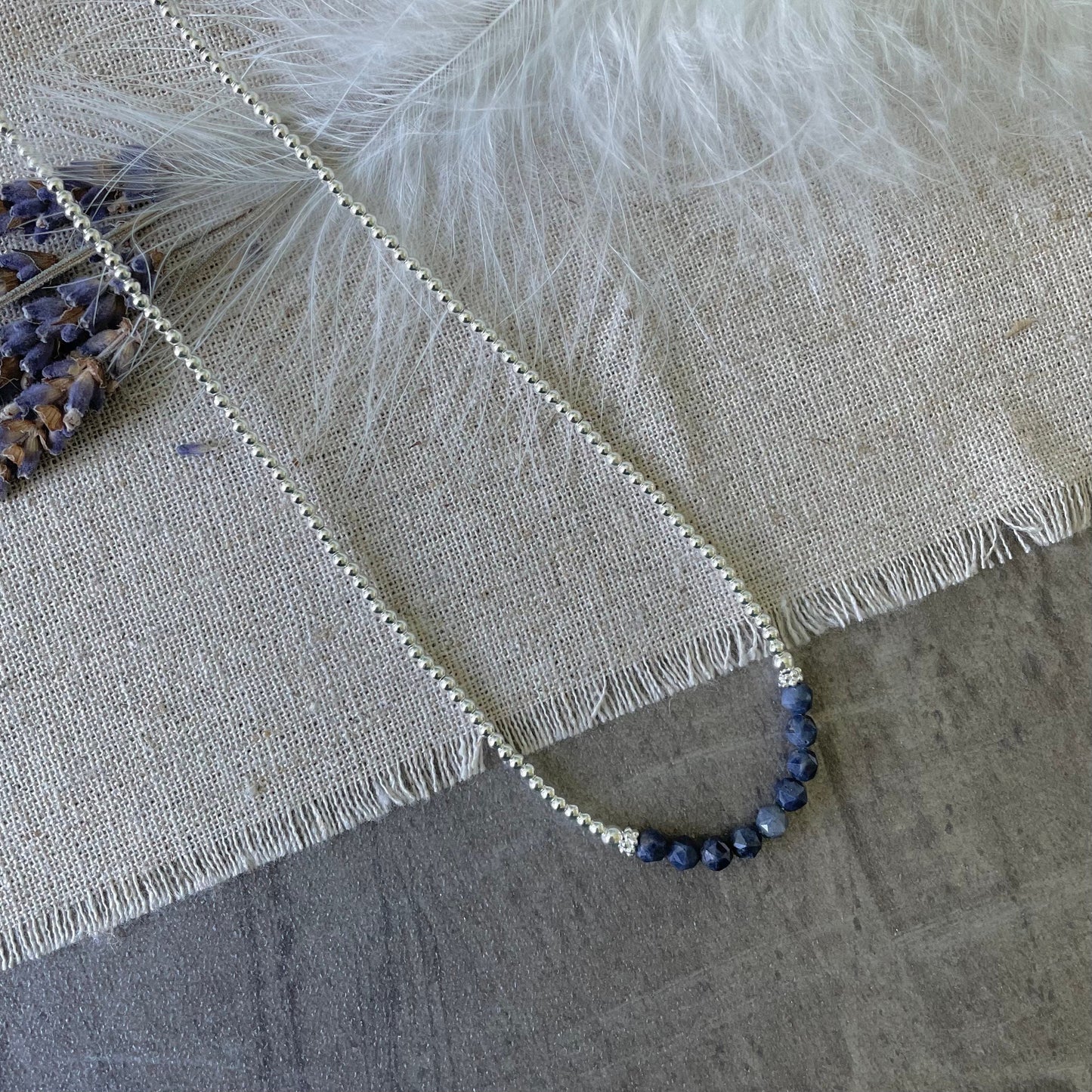 Thin Blue Sapphire and Sterling Silver Bead Necklace, September Birthstone