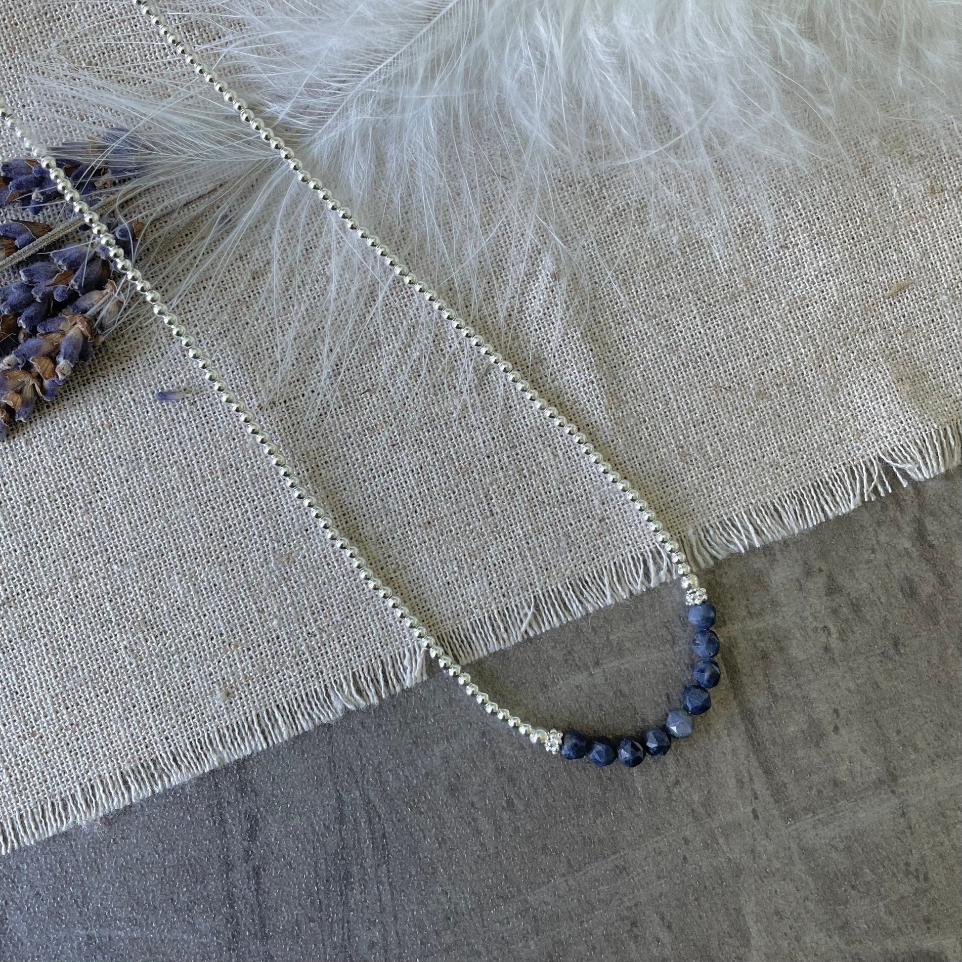 Thin Blue Sapphire and Sterling Silver Bead Necklace, September Birthstone