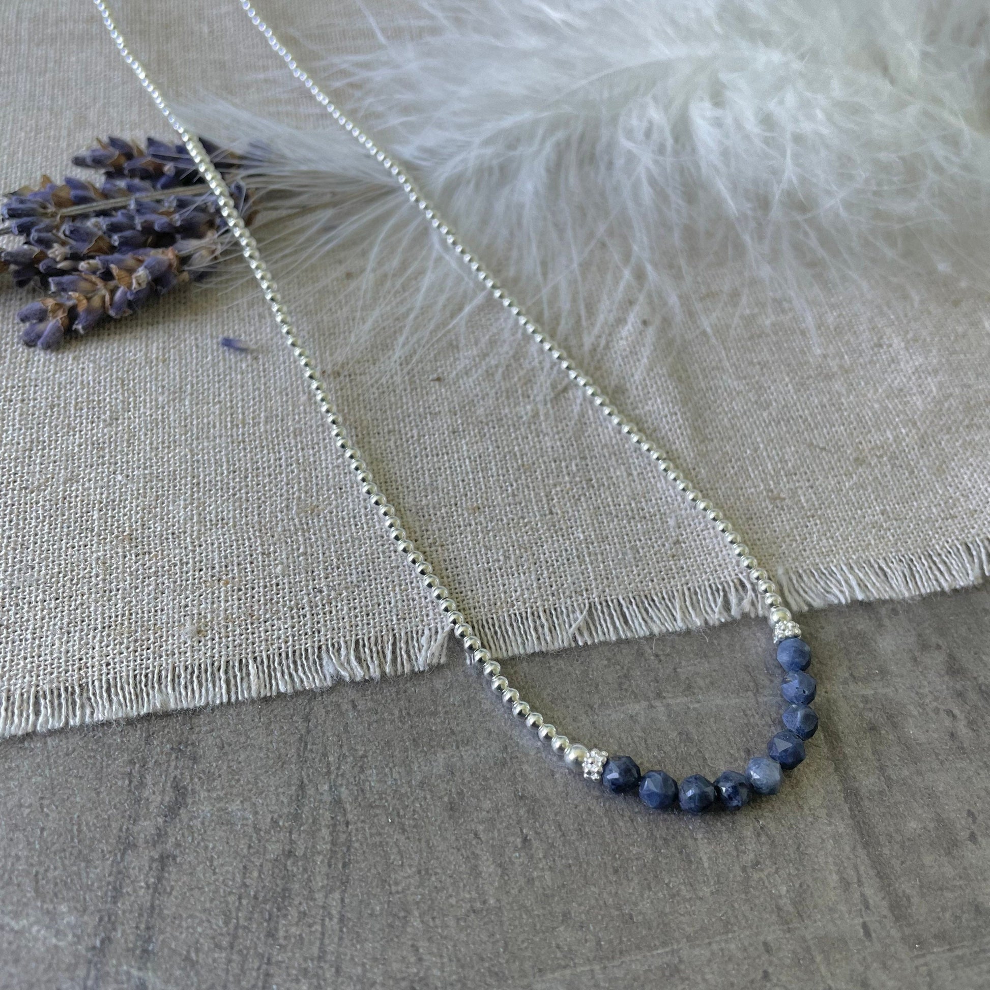 Thin Blue Sapphire and Sterling Silver Bead Necklace, September Birthstone