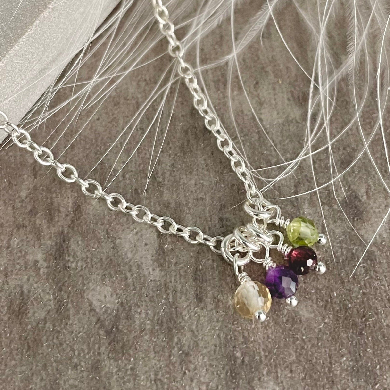 Very Dainty Family Birthstone Charm Necklace, Family Jewellery for Mum in Sterling Silver