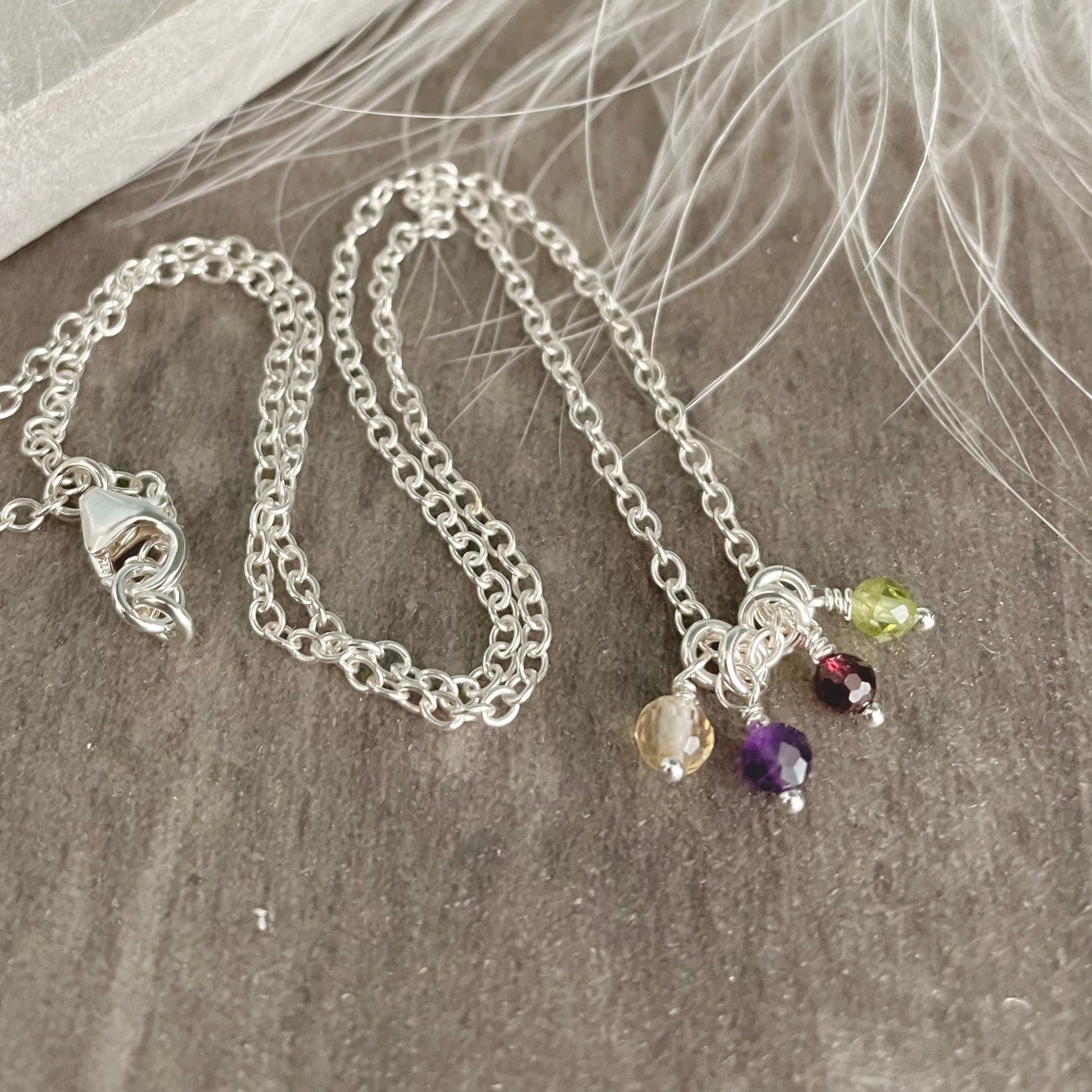 Very Dainty Family Birthstone Charm Necklace, Family Jewellery for Mum in Sterling Silver