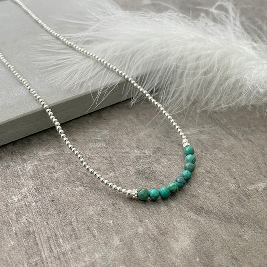 Thin Turquoise and Sterling Silver Bead Necklace, December Birthstone