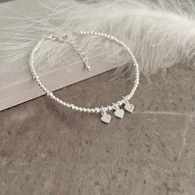 Very Dainty Sterling Silver Bracelet personalised with Family Initials or Name on mini hearts