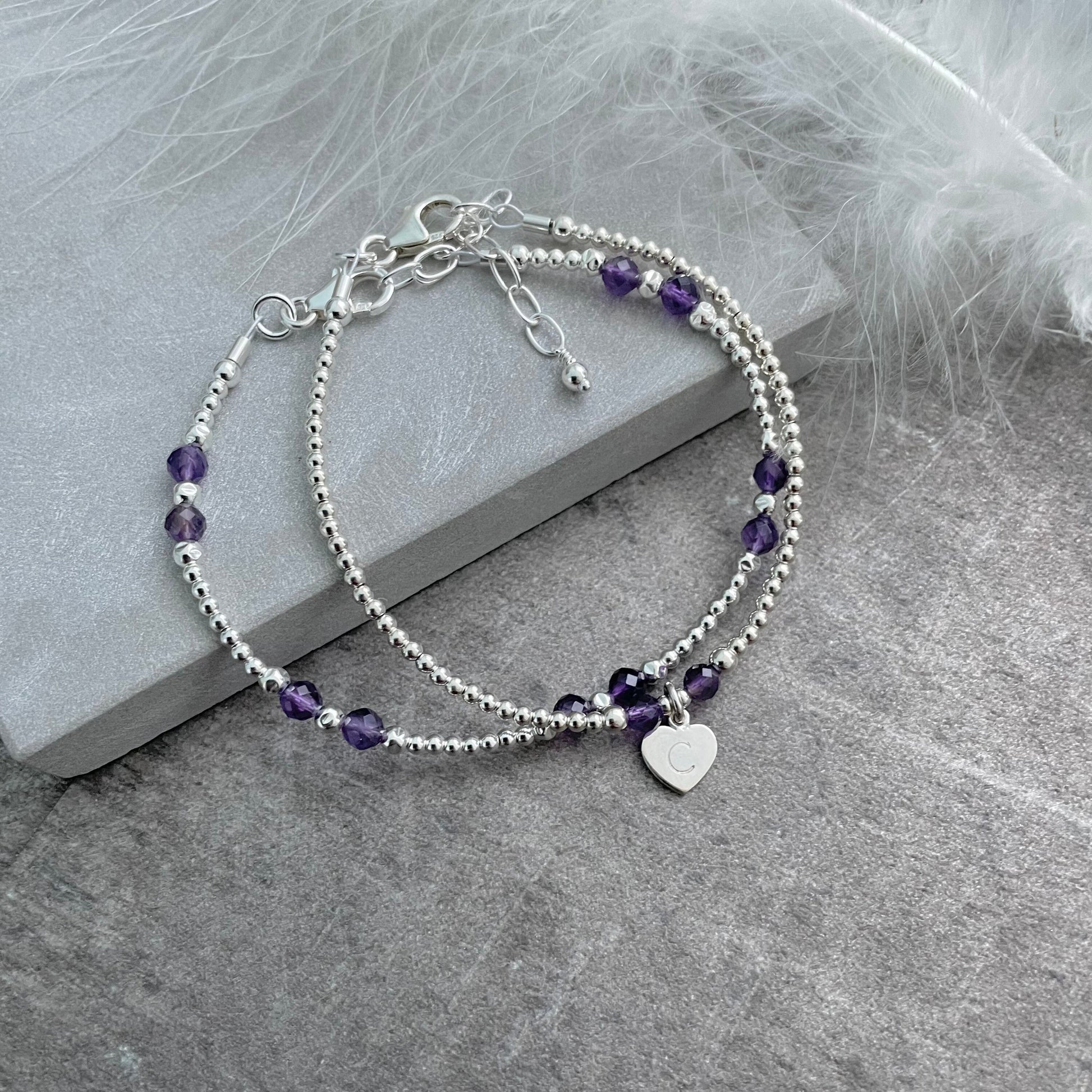 Personalised Bracelet Set with Amethyst, February Birthstone Jewellery