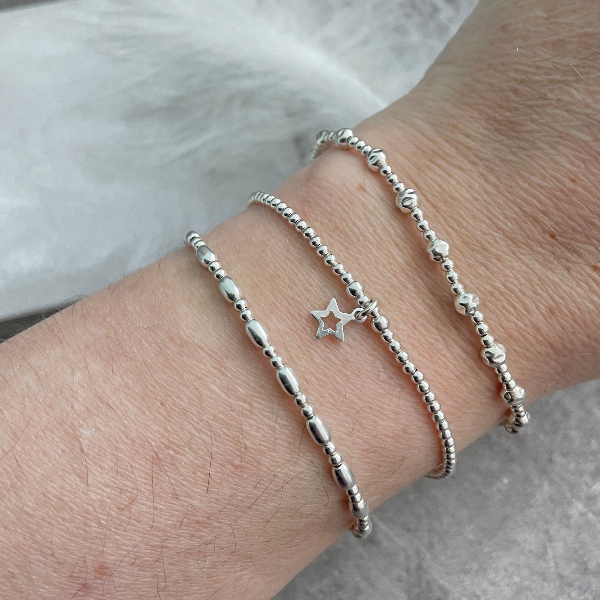 Set of 3 Sterling Silver Layering Bracelets, Star Charm Stacking Bracelet Set