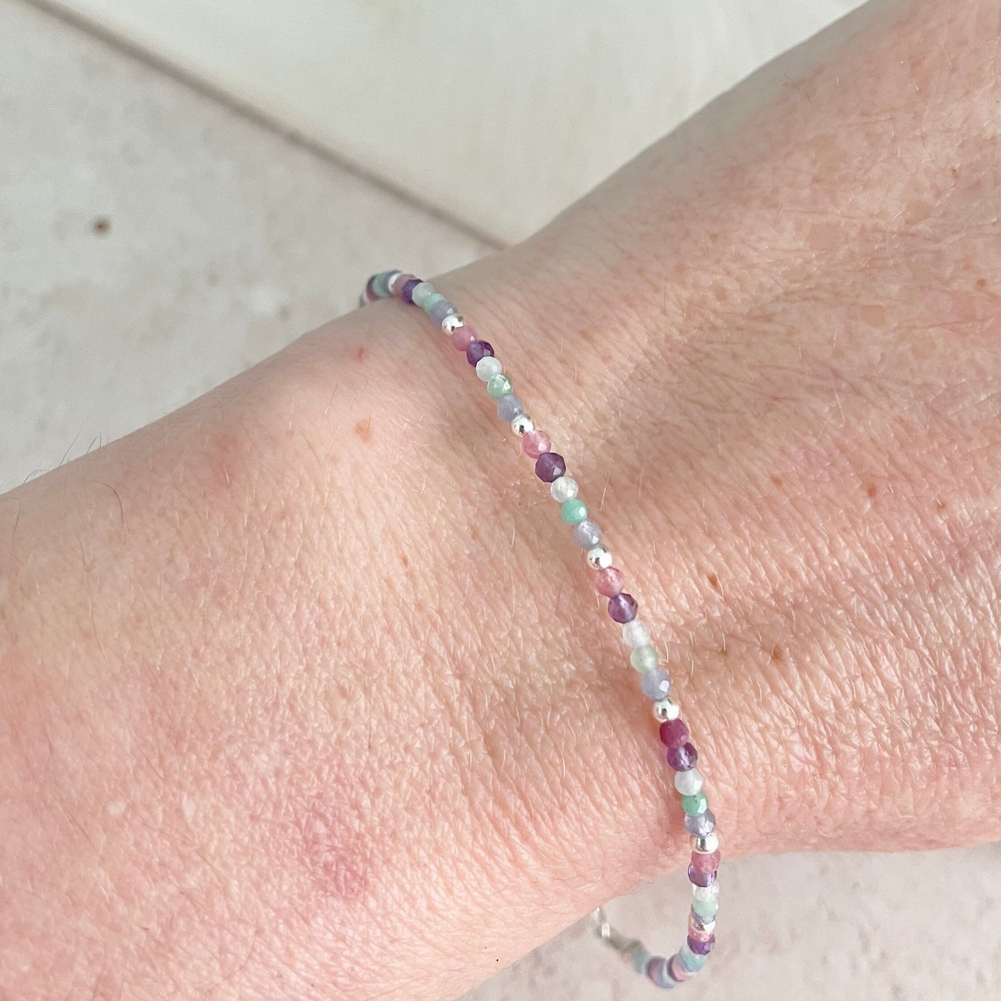 Very Dainty 2mm Personalised Family Birthstones Bracelet in Sterling Silver or Gold Fill