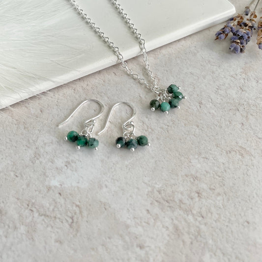 Dainty Emerald Necklace and Earrings Set, May Birthstone