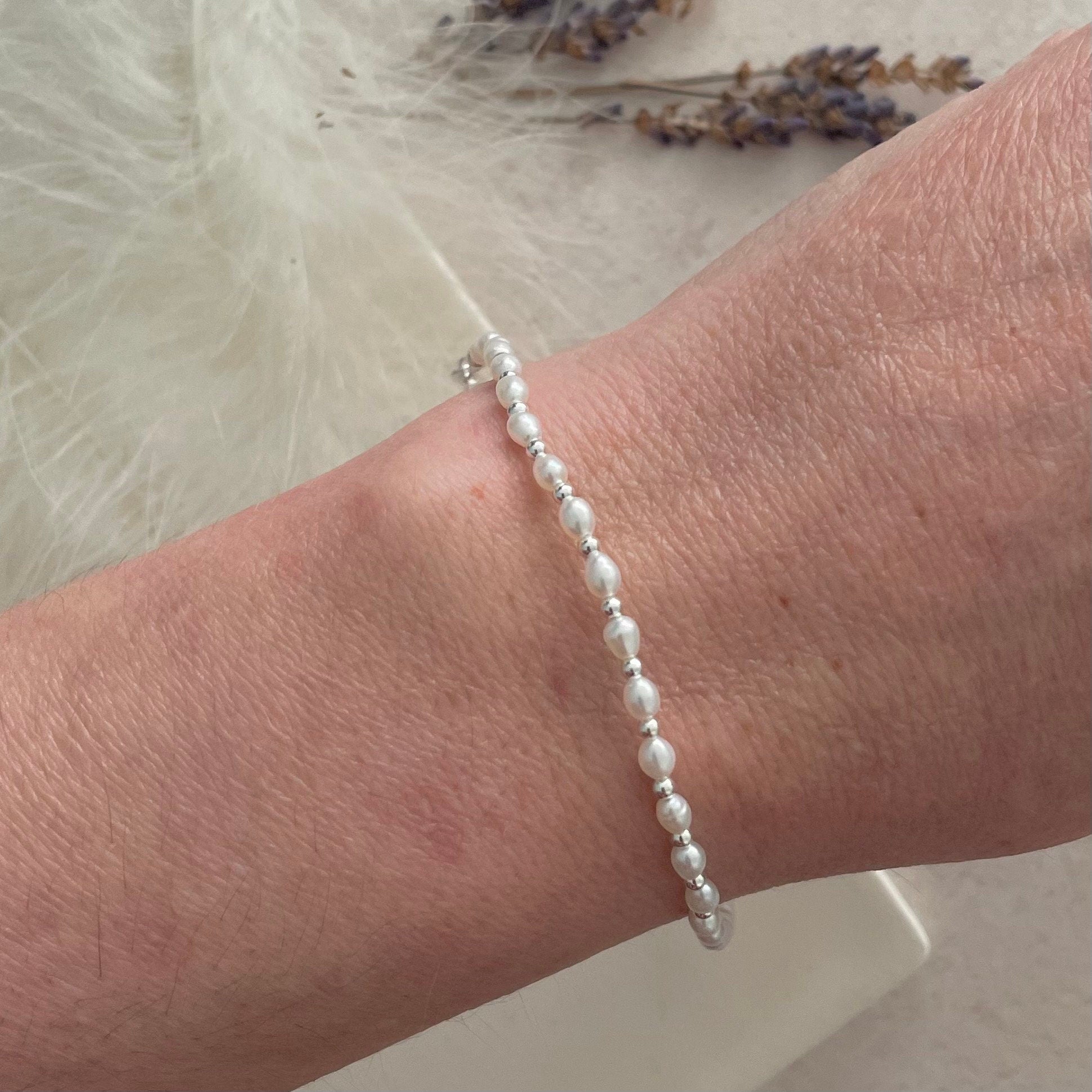 Dainty Pearl Bracelet in Sterling Silver, June Birthstone