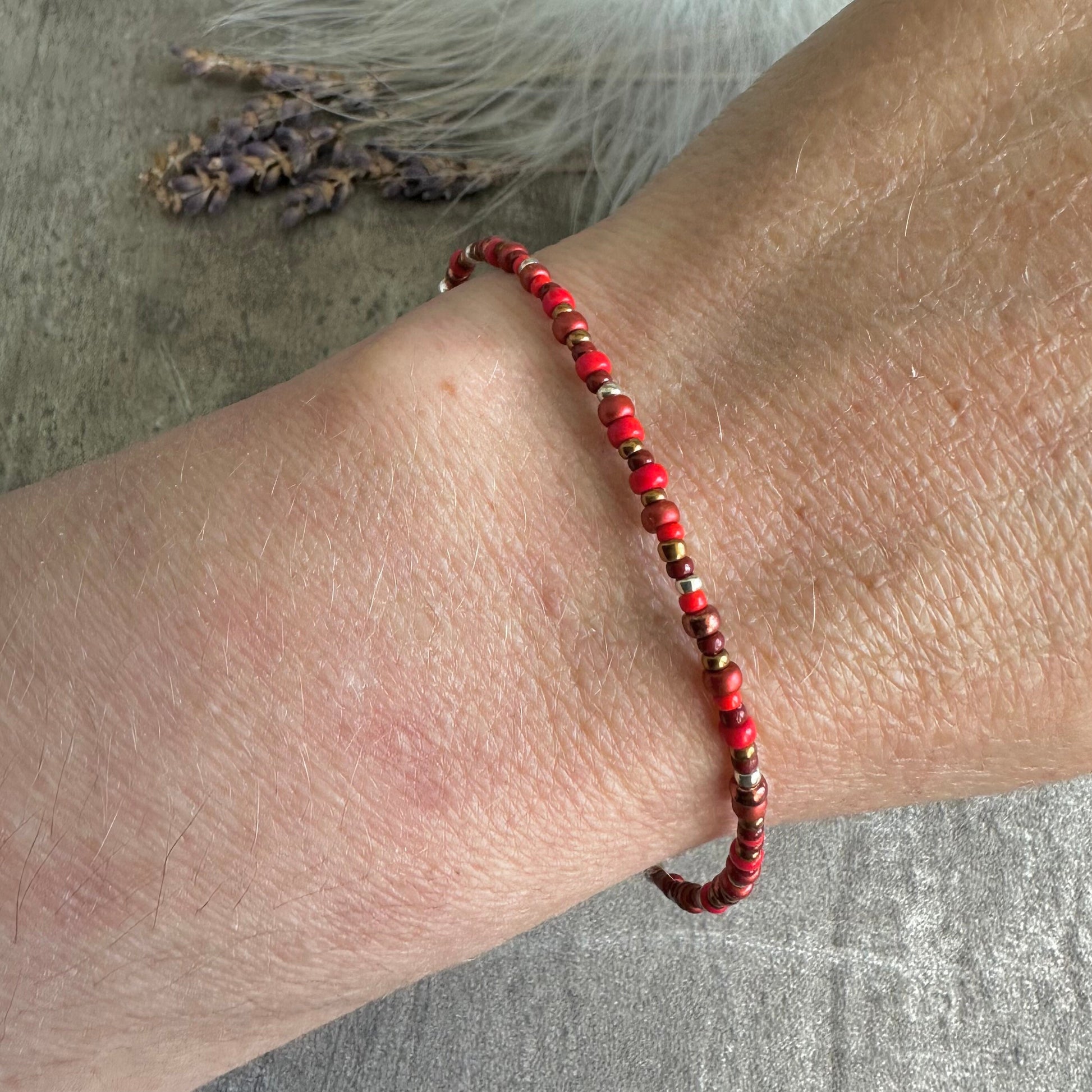 Thin Red Bracelet with seed beads Shades of Red
