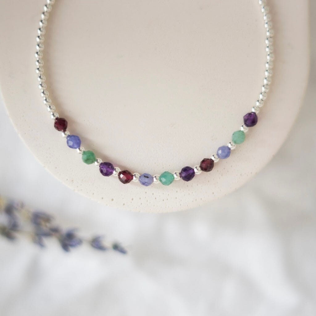 Very Dainty 3mm Personalised Family Birthstones Bracelet in Sterling Silver or Gold Fill