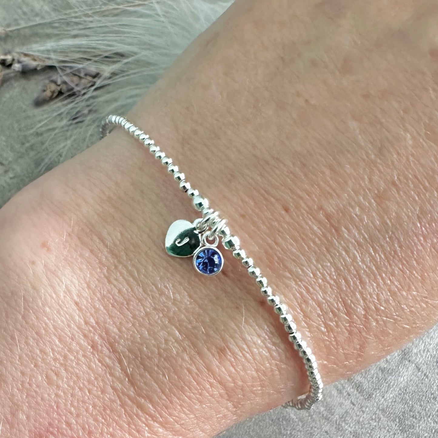 Dainty Crystal Birthstone Initial Bracelet, Personalised Sterling Silver jewellery for her