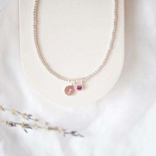 Dainty Personalised Initial Birthstone Necklace in Sterling Silver