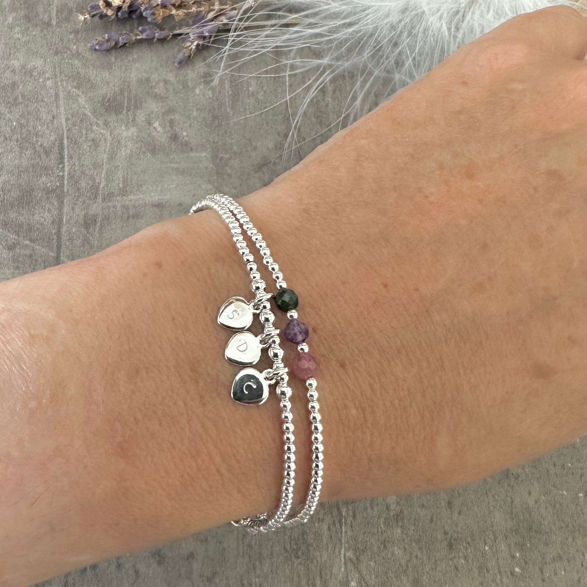 Personalised Family Birthstones & Initials Double Bracelet Set, Dainty Family Jewellery Set Sterling Silver
