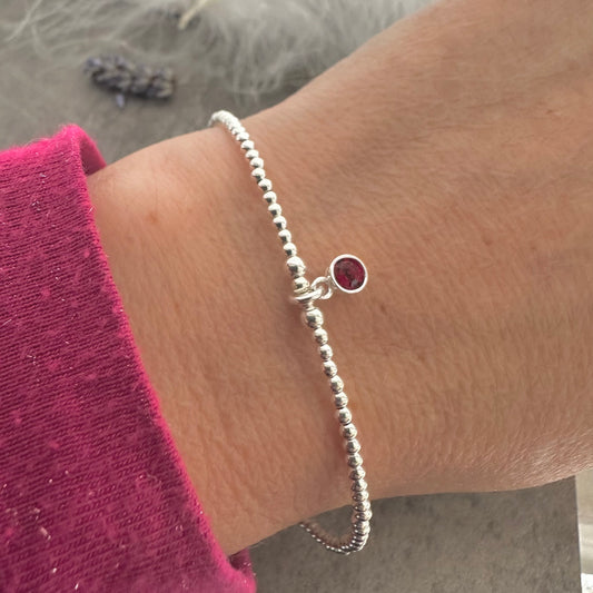 Sterling Silver Bead Bracelet with birthstone crystal