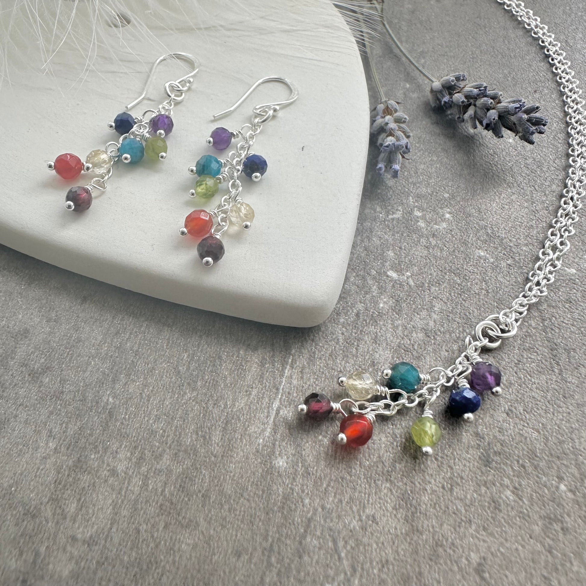 Rainbow Pendant Necklace Earrings Set, Gemstone Jewellery
