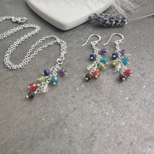 Rainbow Pendant Necklace Earrings Set, Gemstone Jewellery