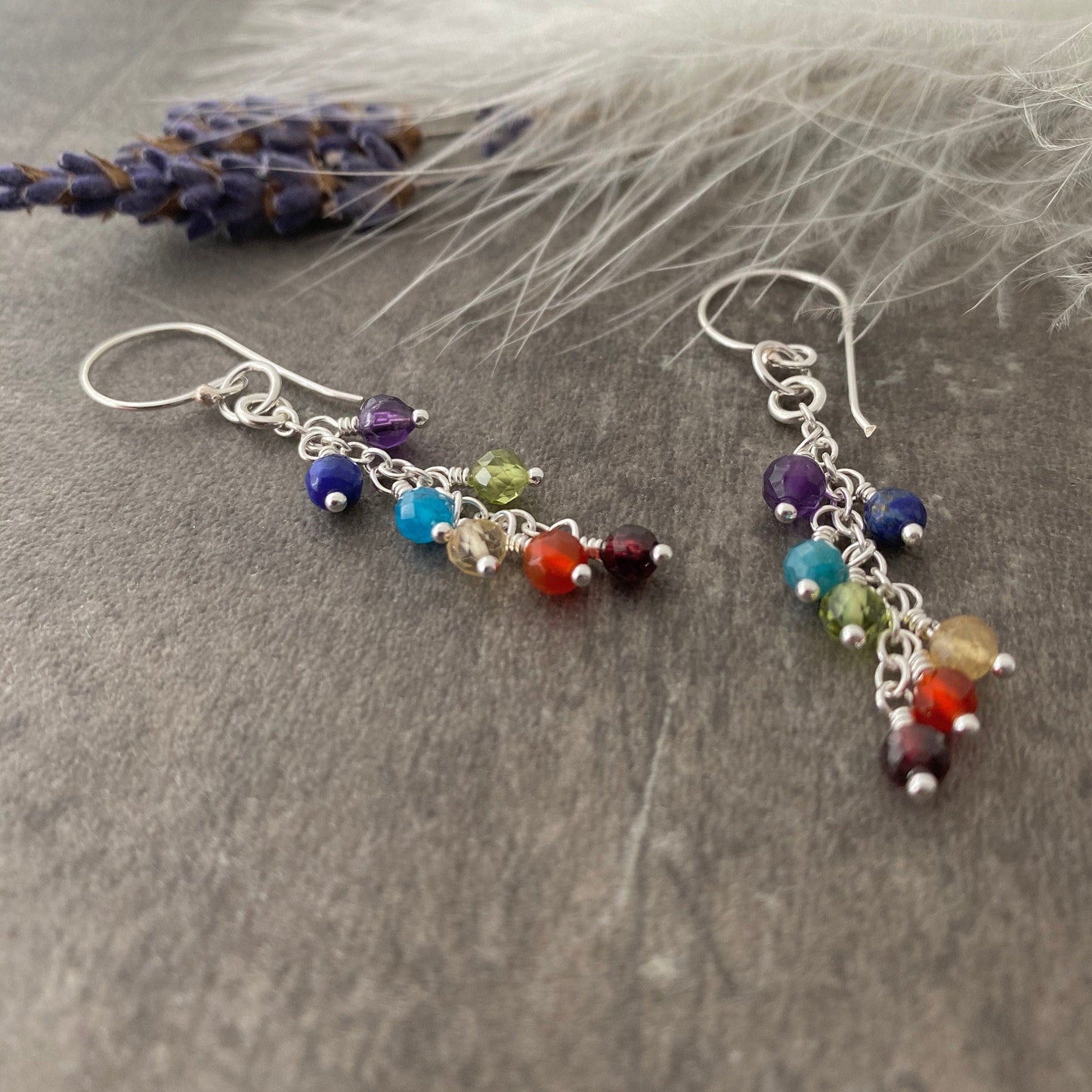 Gemstone Chakra Earrings, Rainbow Cascade Earrings, Silver Earrings, Rainbow Gift, mindful gift, Chakra Crystals