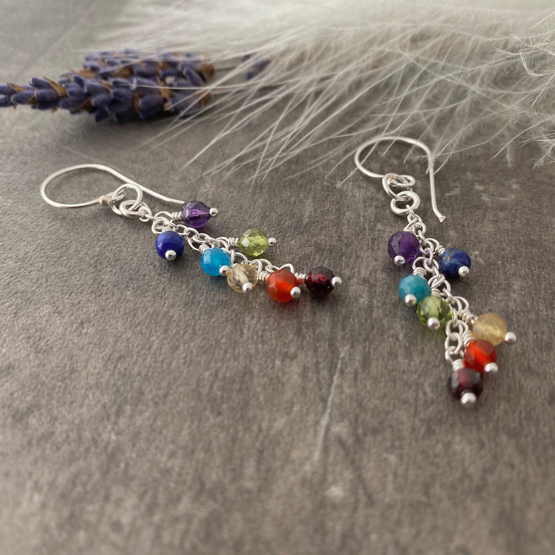 Gemstone Chakra Earrings, Rainbow Cascade Earrings, Silver Earrings, Rainbow Gift, mindful gift, Chakra Crystals