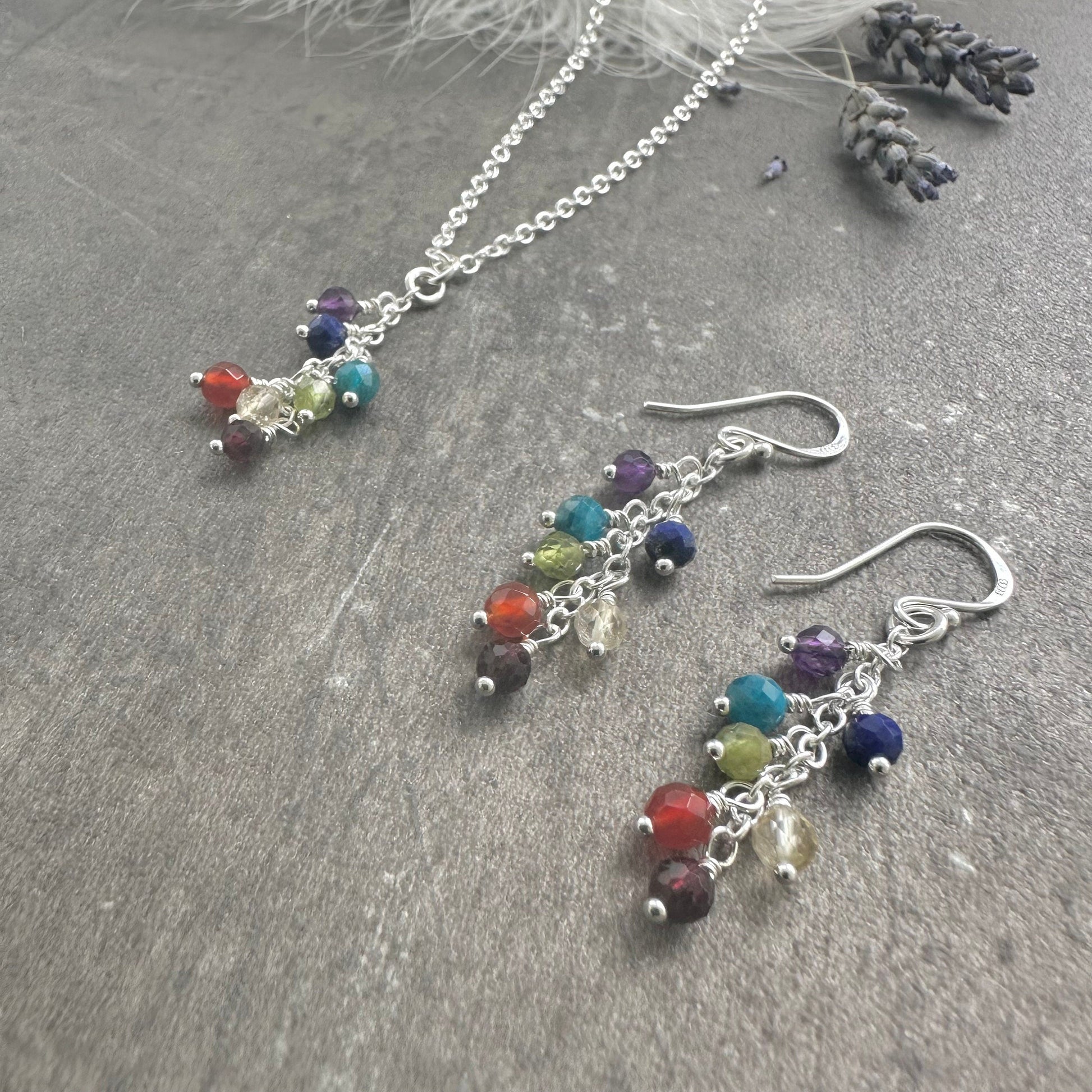 Rainbow Pendant Necklace Earrings Set, Gemstone Jewellery