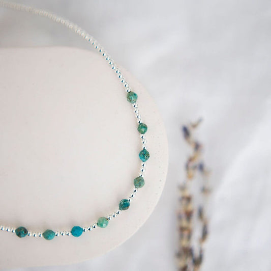 Faceted Turquoise Sterling Silver Bead Necklace December Birthstone, dainty silver necklace for women