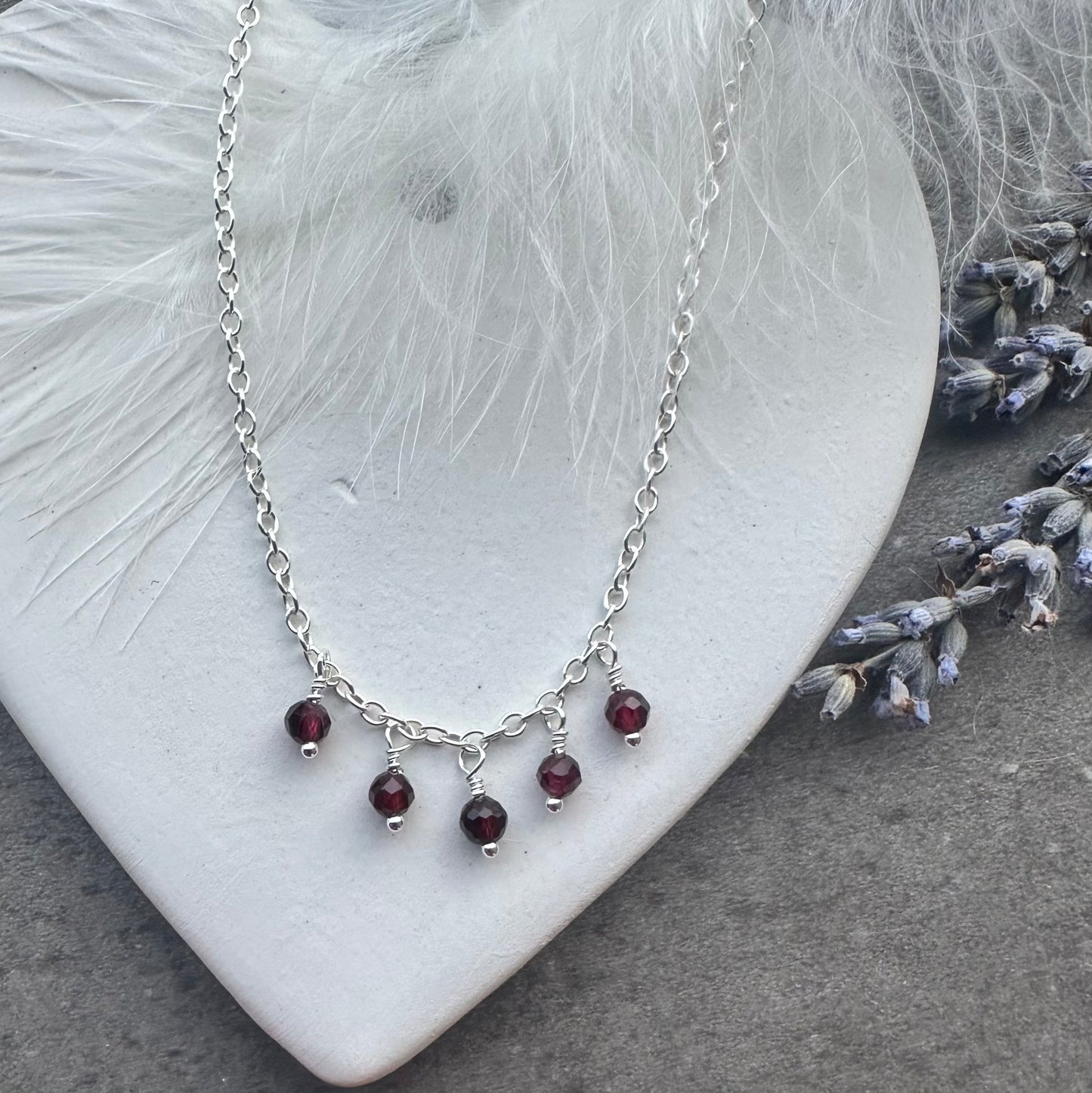Dainty Garnet drops necklace sterling silver, January birthstone jewellery