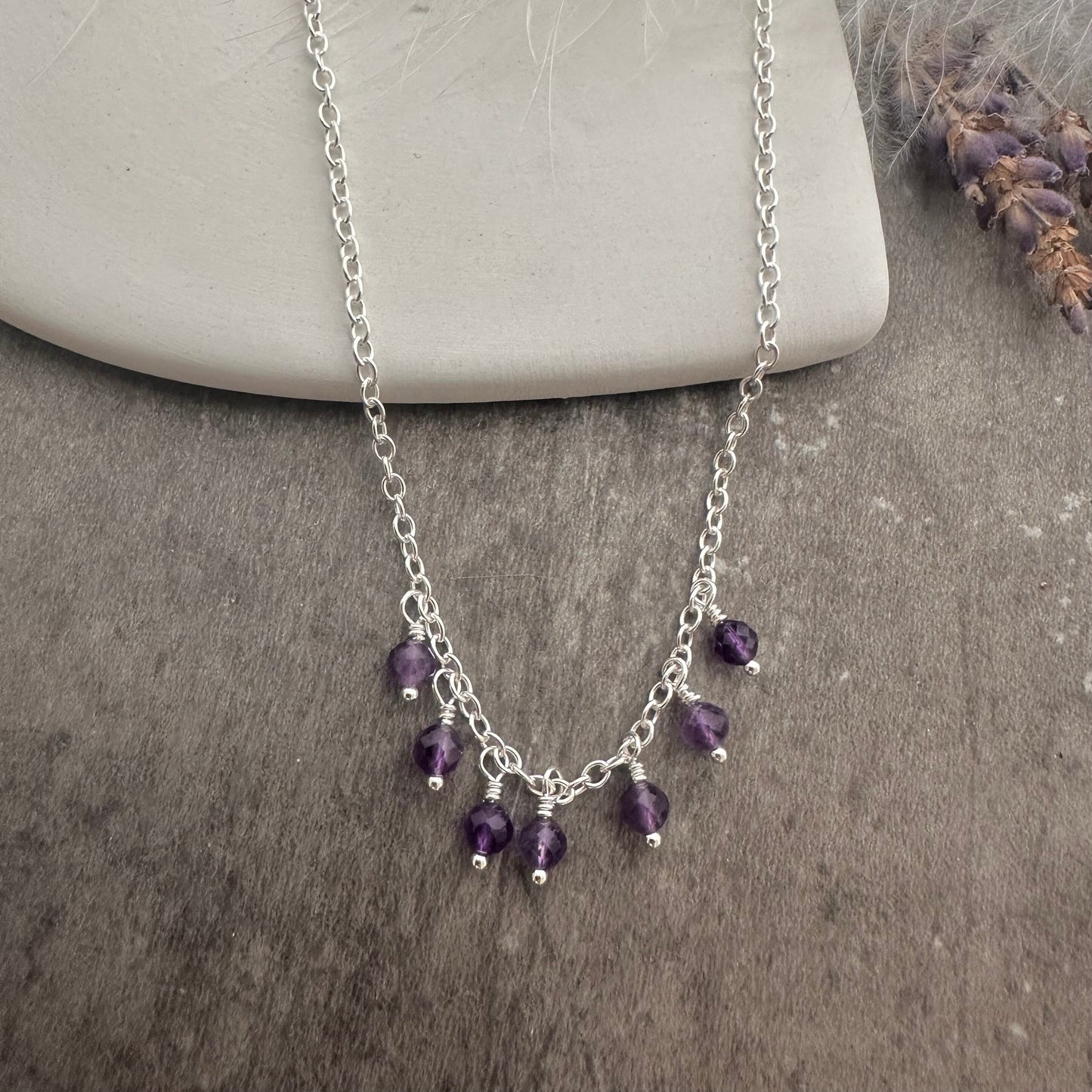 Dainty Amethyst drops necklace sterling silver, February birthstone jewellery