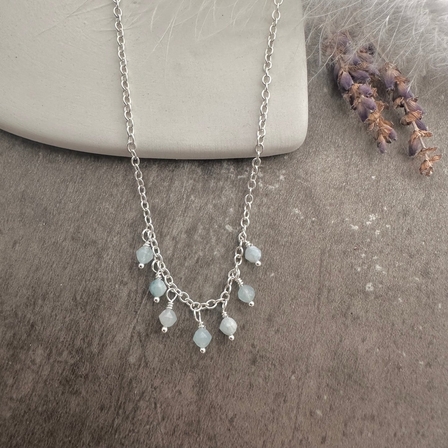Dainty Aquamarine drops necklace sterling silver, March birthstone jewellery