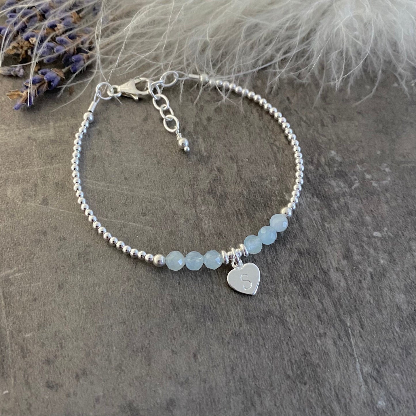 Personalised March Birthstone Bracelet, Dainty Aquamarine Bracelet in Sterling Silver, Aquamarine Birthstone Bracelet, silver bracelet