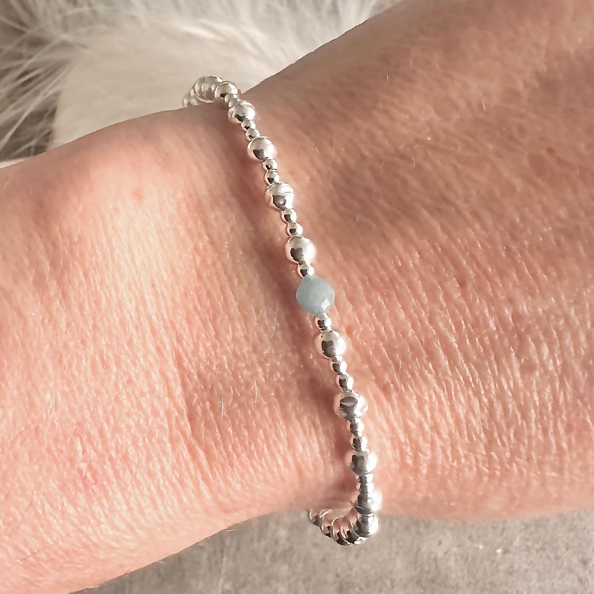 Aquamarine Textured Layering Bracelet, nft , 4mm sterling silver bead bracelet with march birthstone