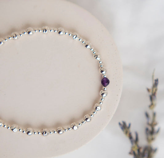February Amethyst Textured Layering Bracelet, nft , 4mm sterling silver bead bracelet with February birthstone