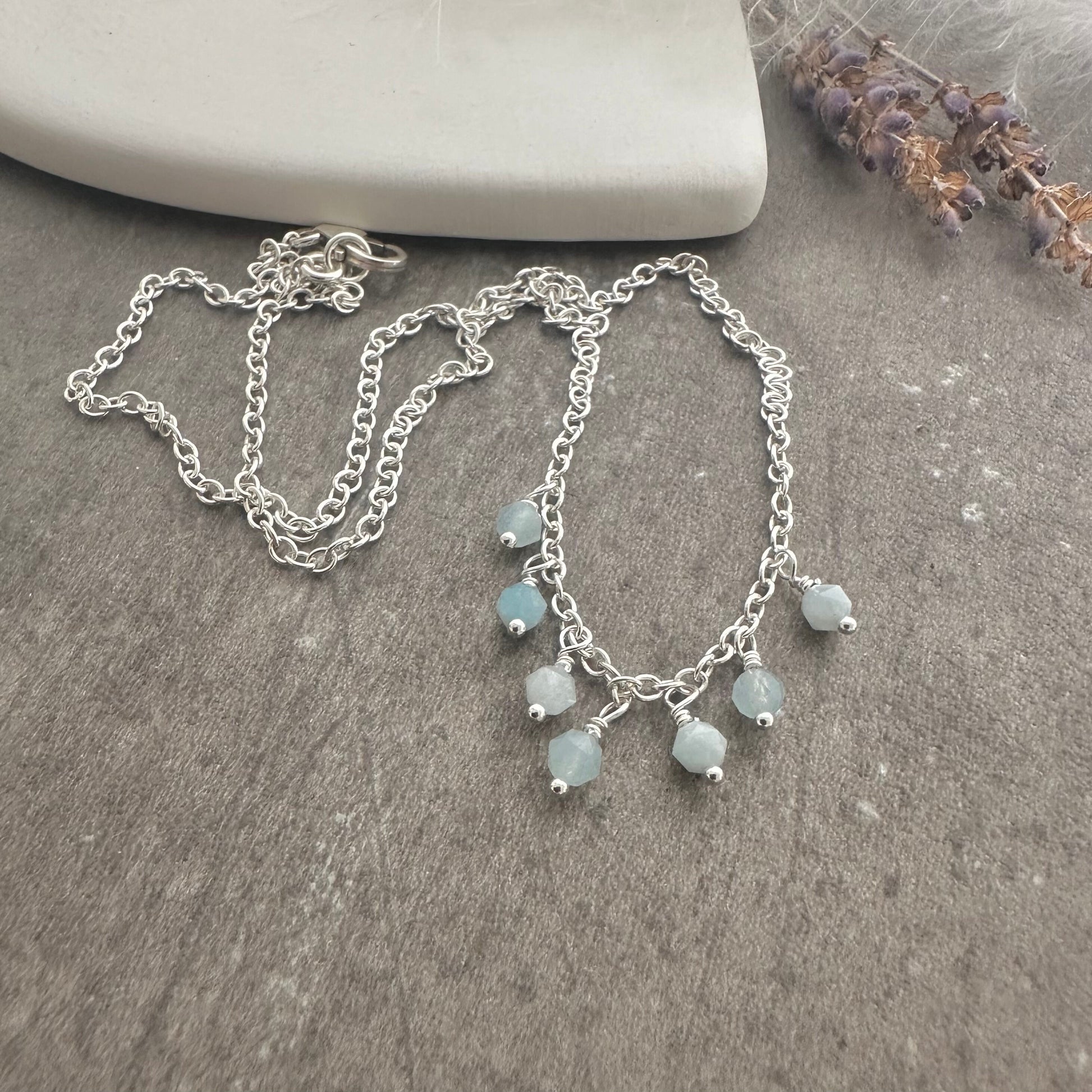 Dainty Aquamarine drops necklace sterling silver, March birthstone jewellery
