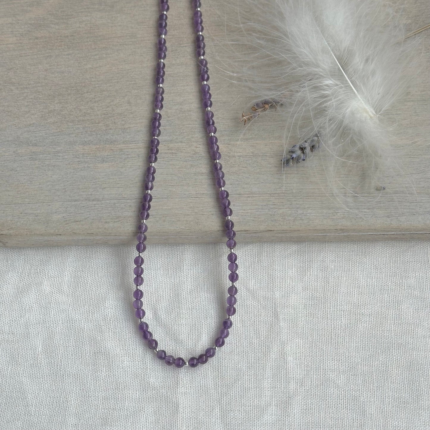 Amethyst Bead Necklace with February Birthstone, sterling silver finish