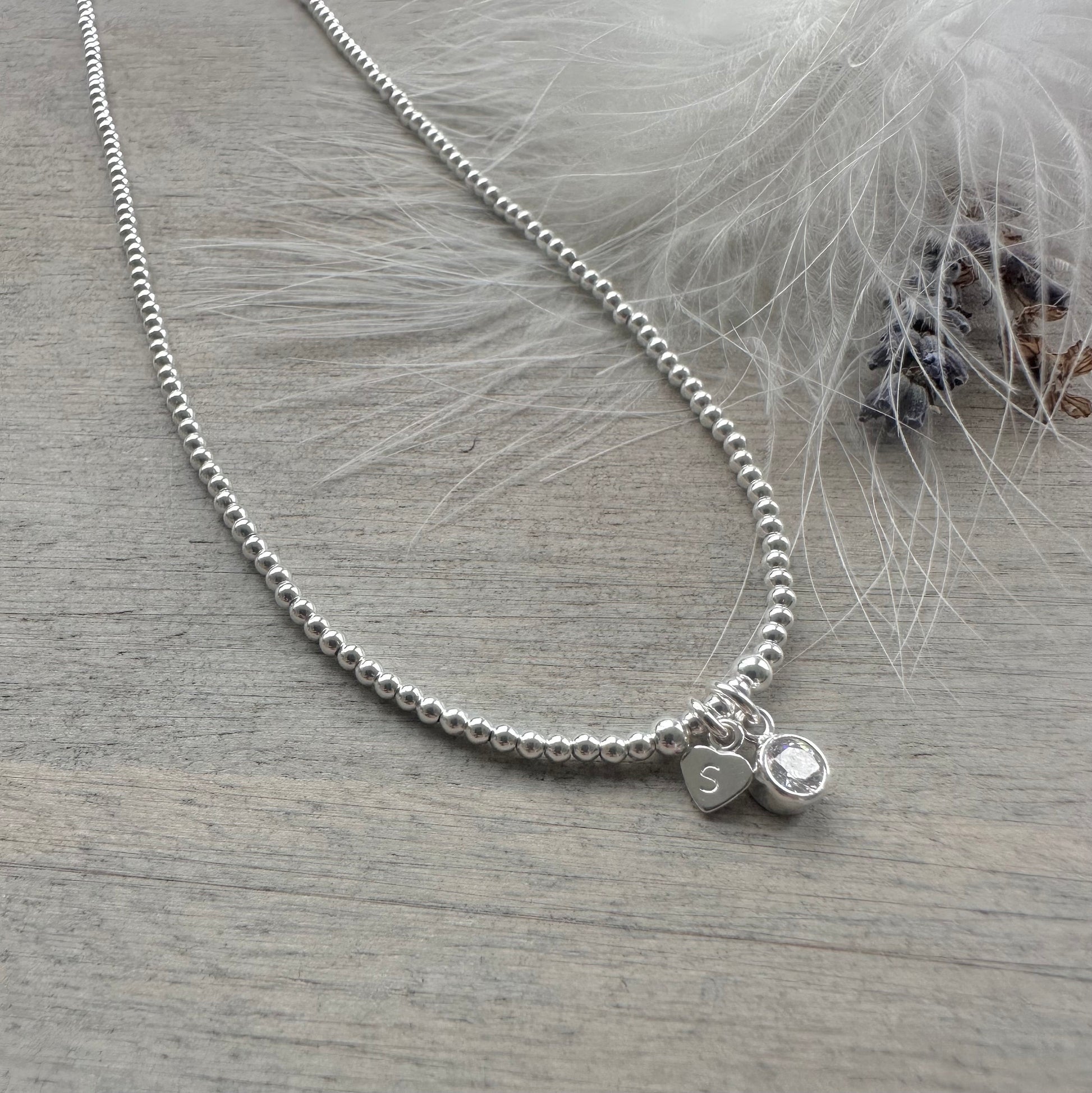 April Birthstone beaded necklace, personalised dainty Sterling Silver Beaded Jewellery