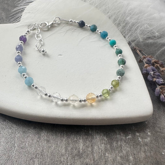 Ombre Beaded Gemstone Bracelet, Colourful Bracelet with gemstones sterling silver in blue green lilac nft