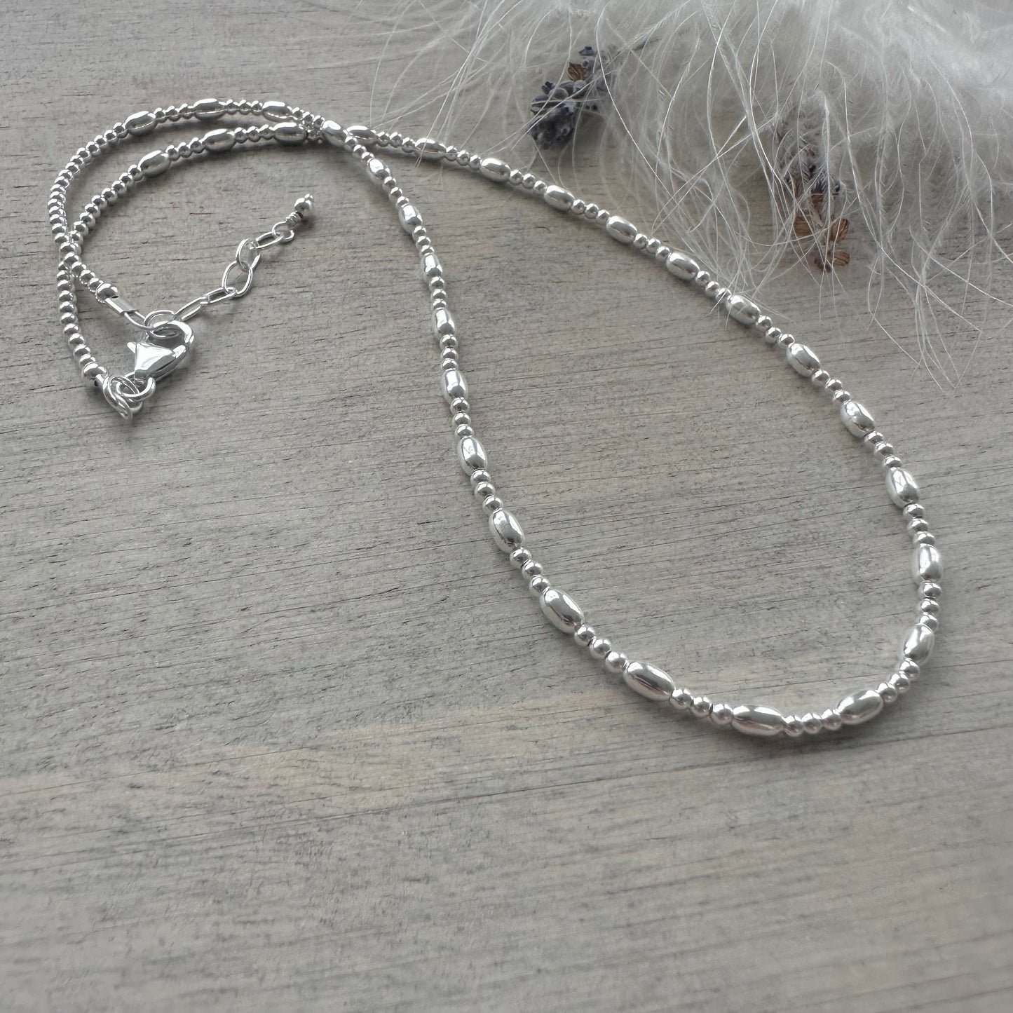 Thin Sterling Silver Oval Beaded Necklace, dainty necklace