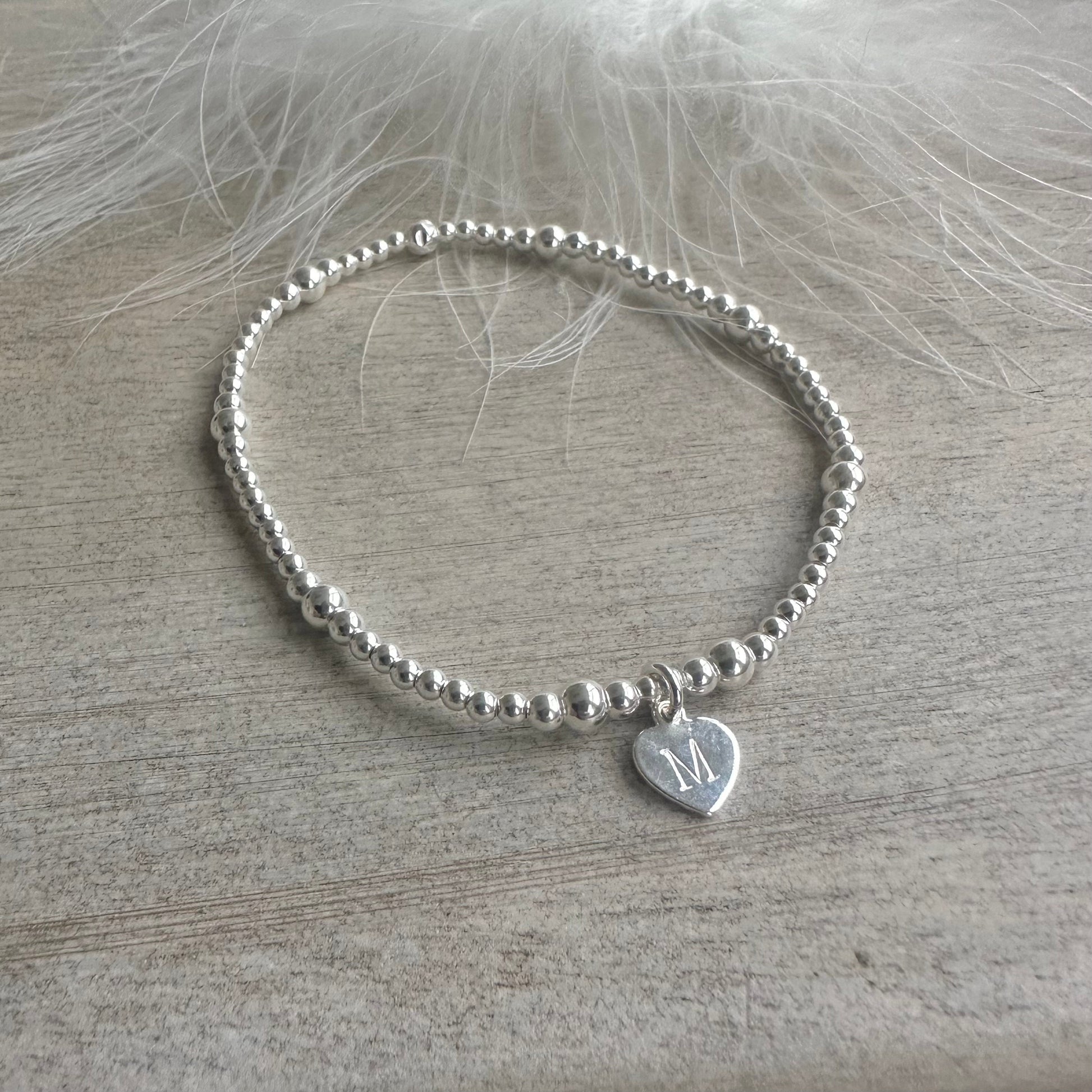 Stretchy Initial Letter Charm Bracelet, Dainty Layering Sterling Silver bracelet with heart