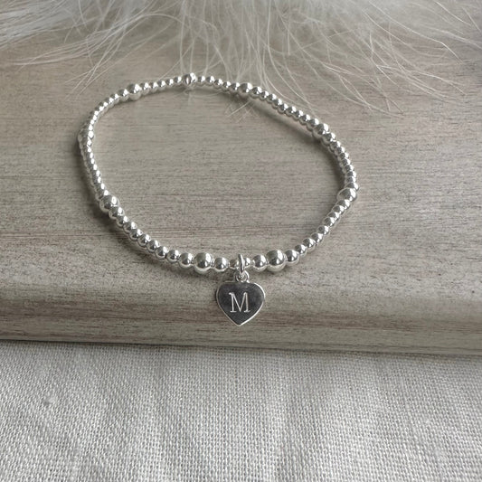 Stretchy Initial Letter Charm Bracelet, Dainty Layering Sterling Silver bracelet with heart