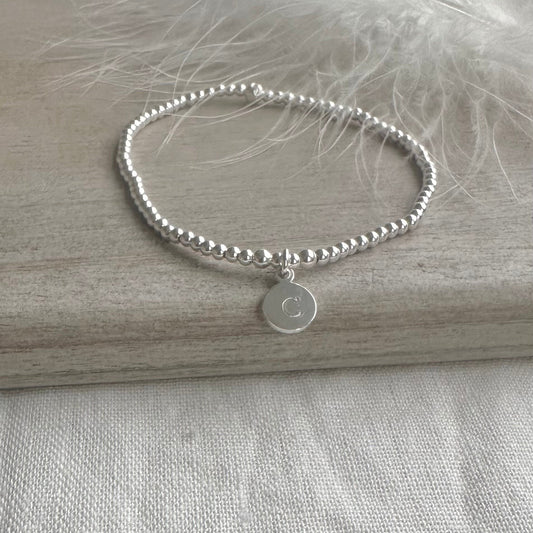 Stretch Initial Disc Bracelet Sterling Silver, dainty layering stretchy bracelet