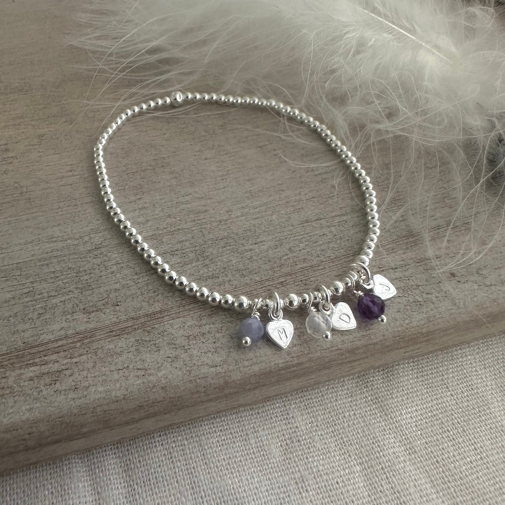 Personalised Stretchy Family Birthstone Bracelet, Family Initials for Mum or Grandmother on stretch material