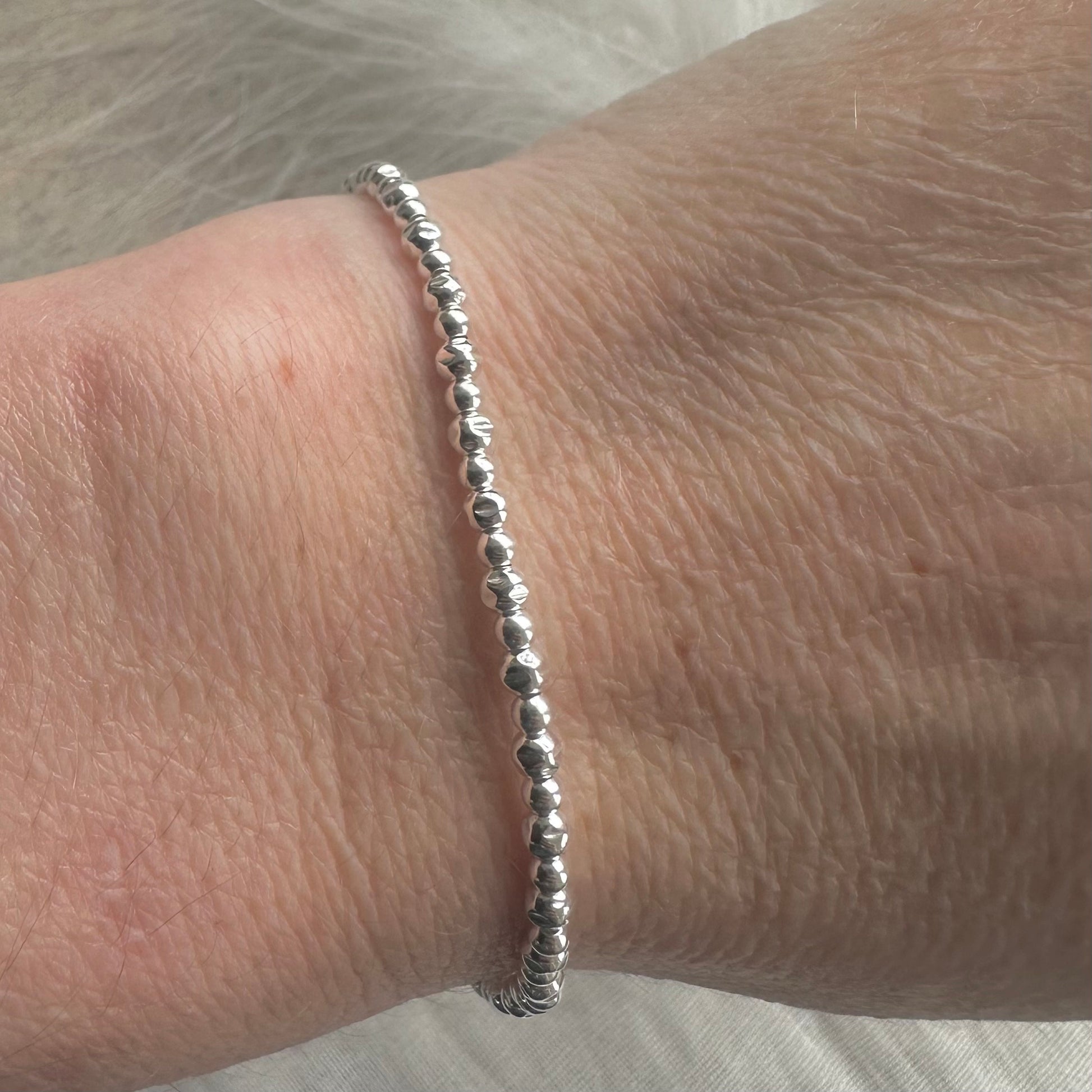 Stretchy Textured Bead Bracelet, Dainty Layering Sterling Silver bracelet with textured beads