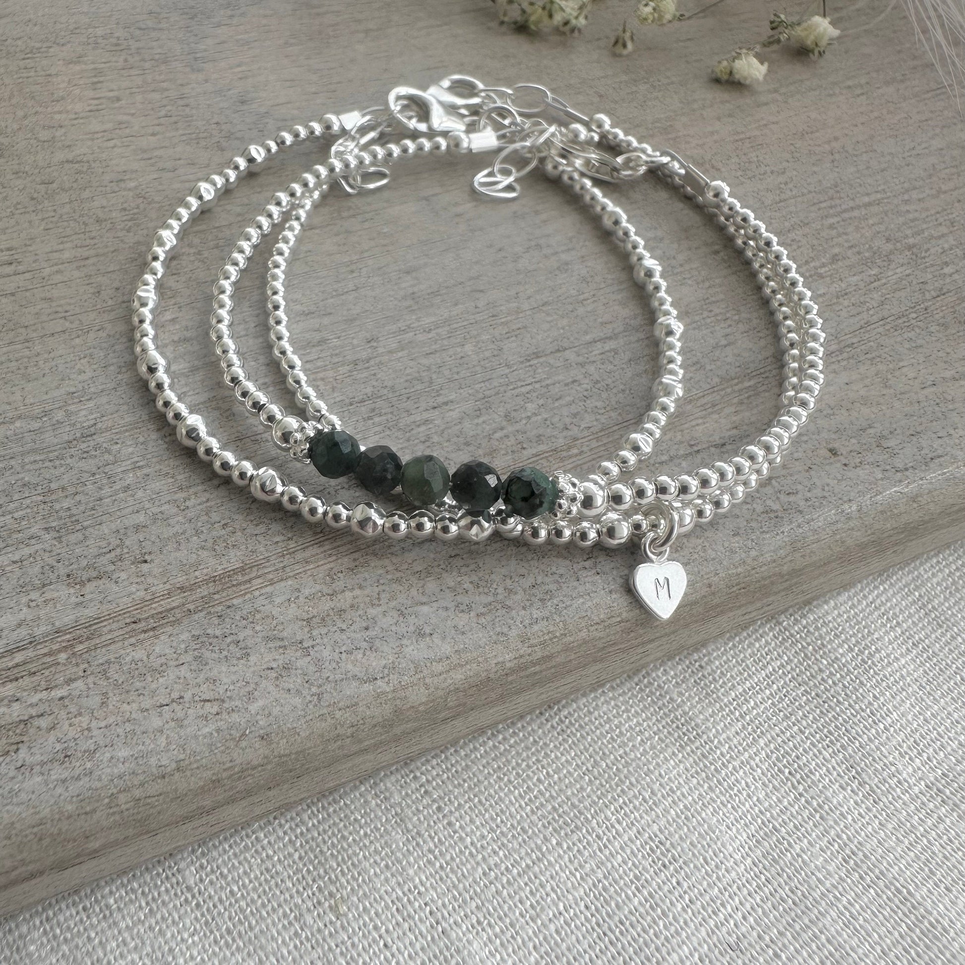 Personalised May Birthstone Emerald Bracelet Set, Dainty Sterling Silver Stacking Bracelets for Women