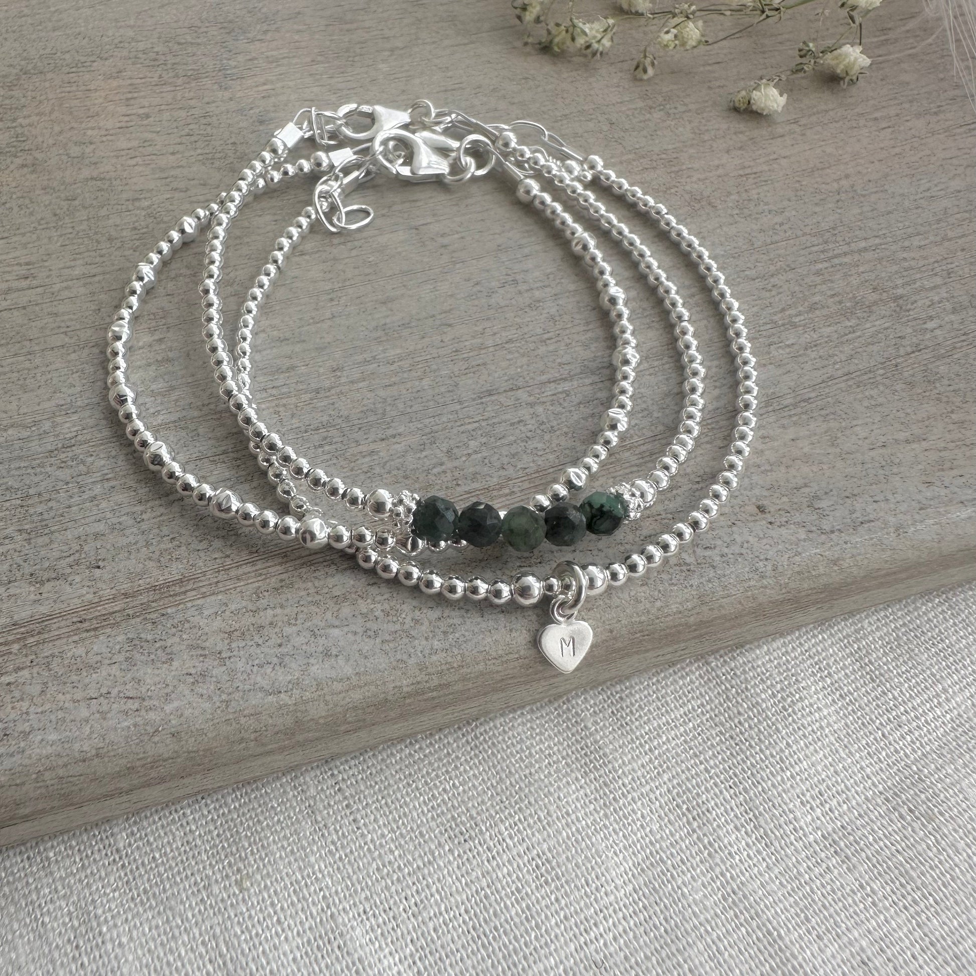 Personalised May Birthstone Emerald Bracelet Set, Dainty Sterling Silver Stacking Bracelets for Women
