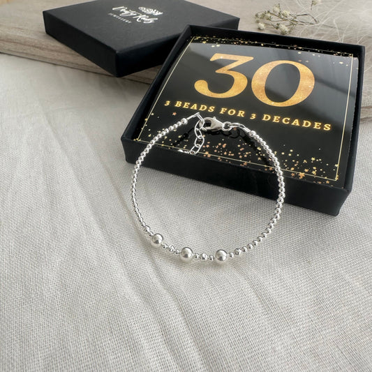 30th Birthday Gift 3 Beads 3 Decades Bracelet, Jewellery Gift for Her 30th in Sterling Silver nft