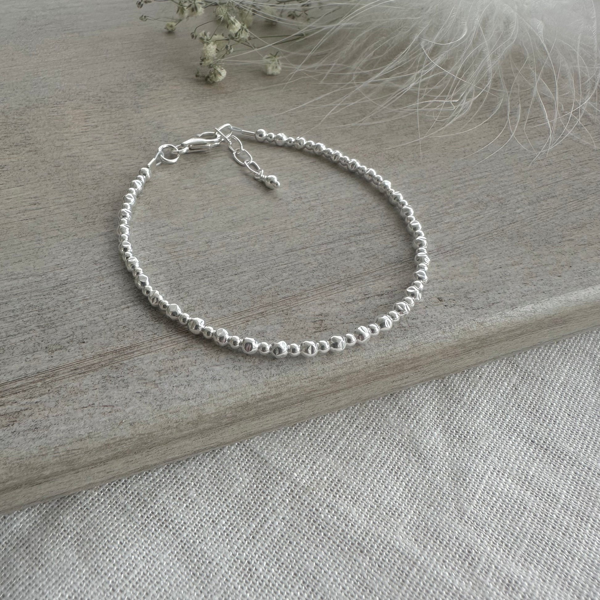 Sterling Silver Bracelet, Textured 3mm bead bracelet nft