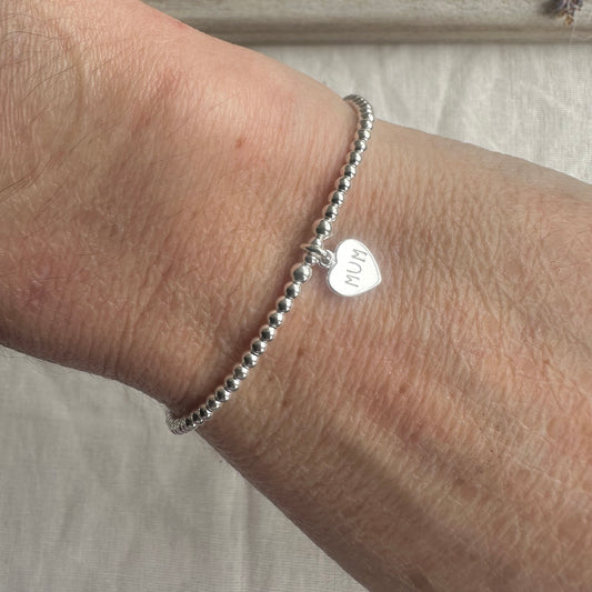 Stretch Mum Charm Bracelet, Dainty Layering Sterling Silver bracelet with mum heart