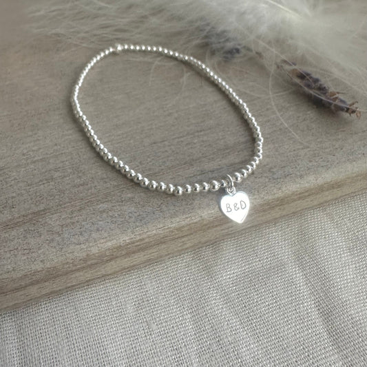 Stretch Couples Initials Charm Bracelet, Dainty Layering Sterling Silver bracelet with heart