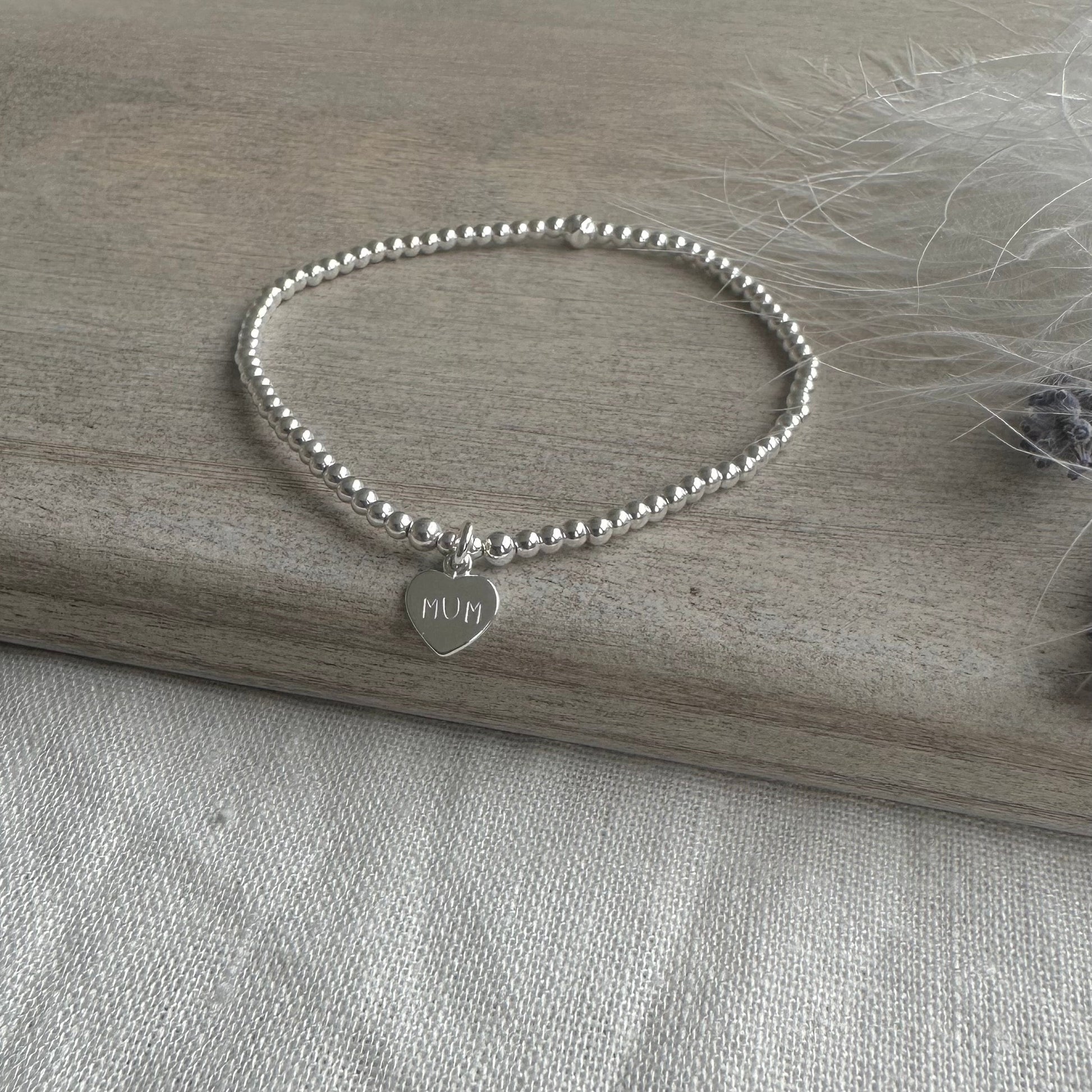 Stretch Mum Charm Bracelet, Dainty Layering Sterling Silver bracelet with mum heart