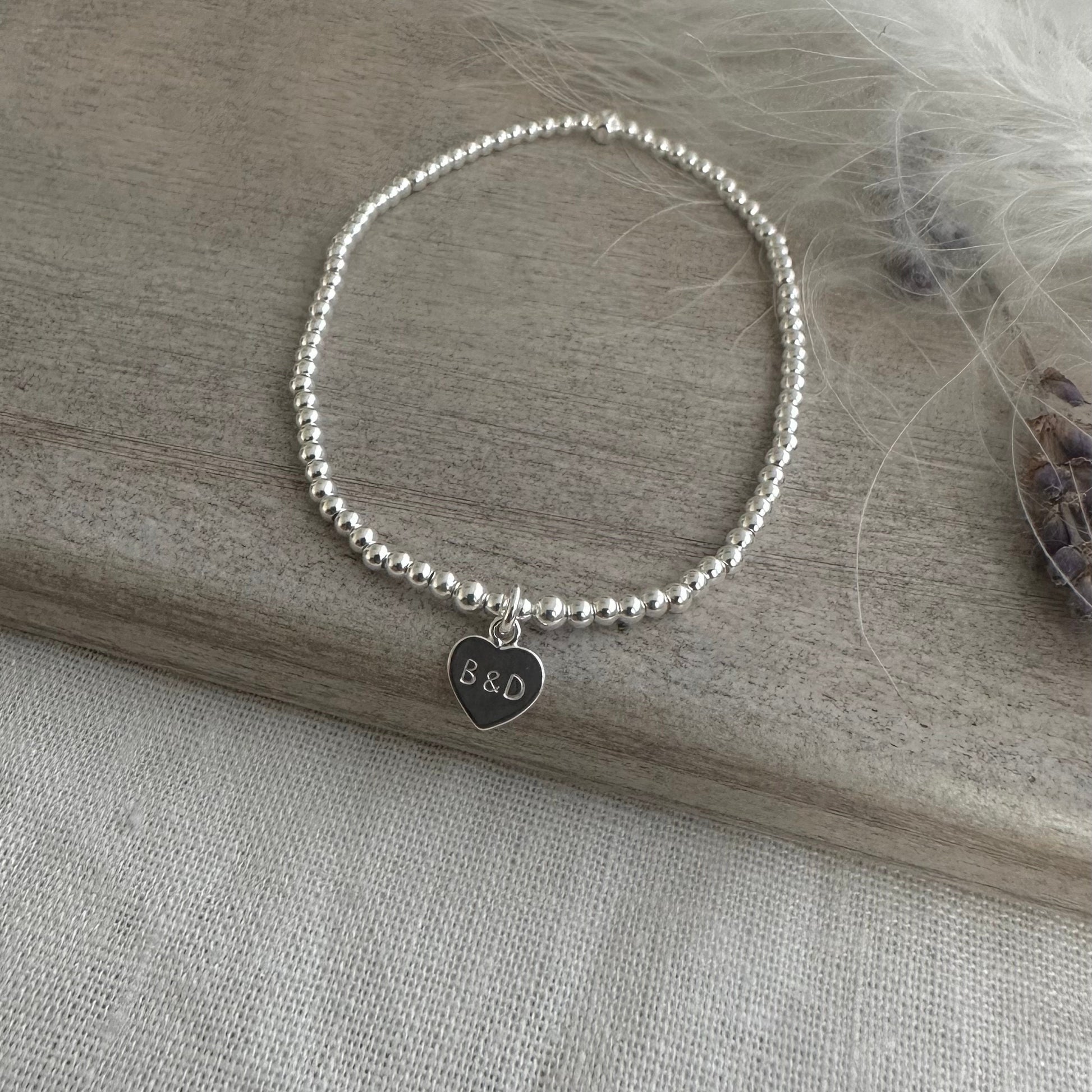Stretch Couples Initials Charm Bracelet, Dainty Layering Sterling Silver bracelet with heart